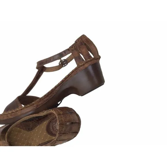 ARIAT SHALIMAR Womens US 9.5 B Brown Leather T-Strap Wedge Heel Buckle Sandals