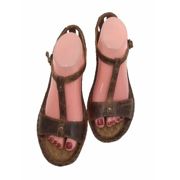 ARIAT SHALIMAR Womens US 9.5 B Brown Leather T-Strap Wedge Heel Buckle Sandals
