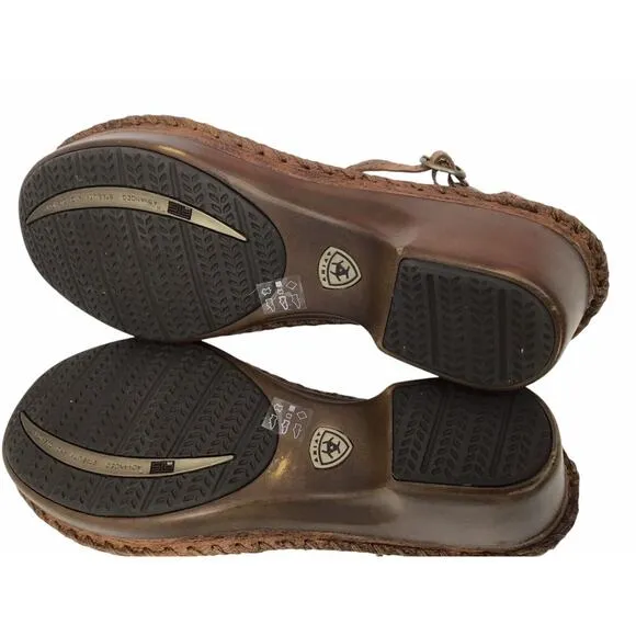 ARIAT SHALIMAR Womens US 9.5 B Brown Leather T-Strap Wedge Heel Buckle Sandals