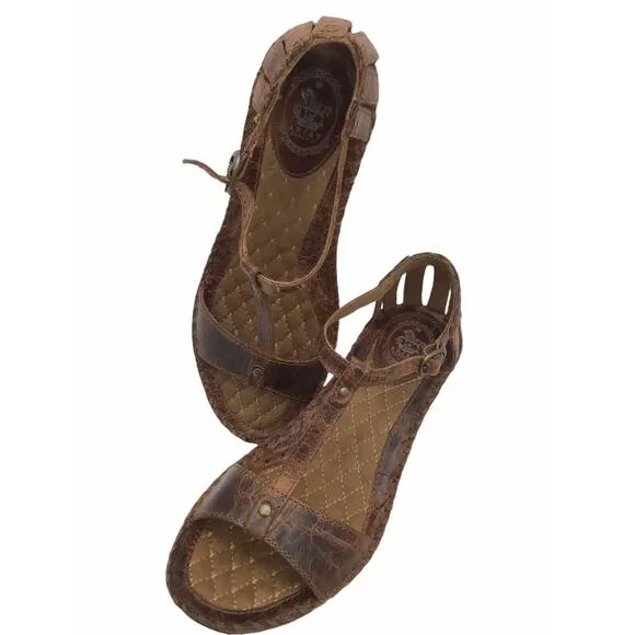 ARIAT SHALIMAR Womens US 9.5 B Brown Leather T-Strap Wedge Heel Buckle Sandals