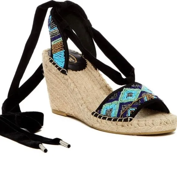 Ash Paola Blue Black Espadrilles Wedge Sandals