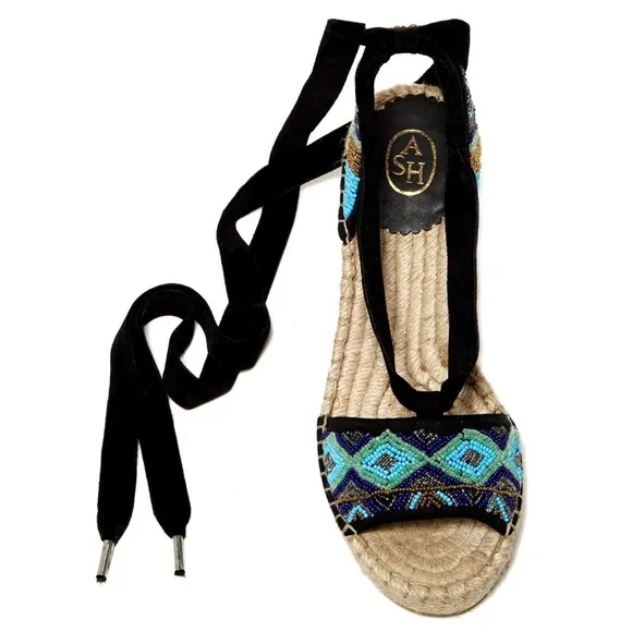 Ash Paola Blue Black Espadrilles Wedge Sandals