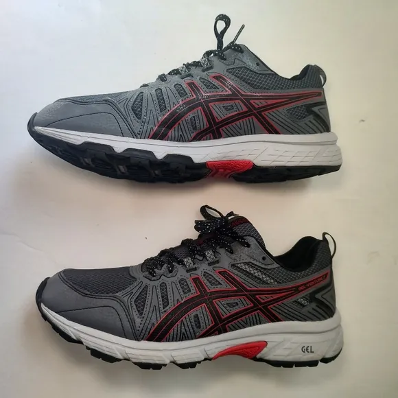 Asics Gel Venture 7 Grey Black Red Trail Running Sneakers Men's Leather Mesh 9.5