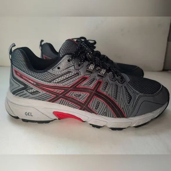 Asics Gel Venture 7 Grey Black Red Trail Running Sneakers Men's Leather Mesh 9.5
