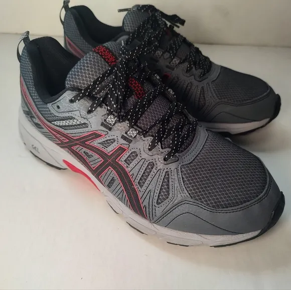 Asics Gel Venture 7 Grey Black Red Trail Running Sneakers Men's Leather Mesh 9.5