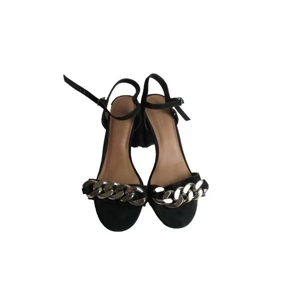 *ASOS Black Suede Sandal Ankle Strap Block 4&quot; Heel Chunky Silver Chain Accent