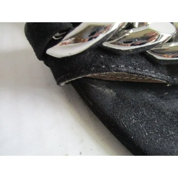 *ASOS Black Suede Sandal Ankle Strap Block 4&quot; Heel Chunky Silver Chain Accent