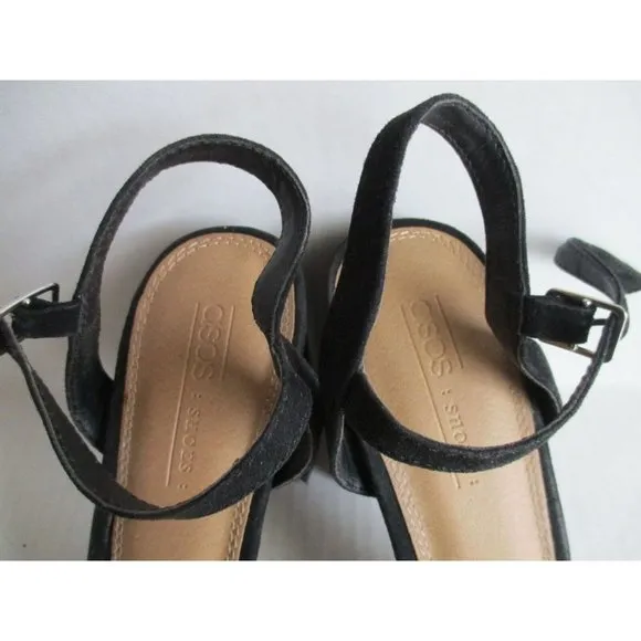 *ASOS Black Suede Sandal Ankle Strap Block 4&quot; Heel Chunky Silver Chain Accent
