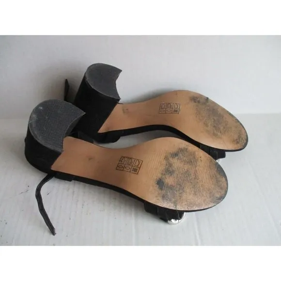 *ASOS Black Suede Sandal Ankle Strap Block 4&quot; Heel Chunky Silver Chain Accent