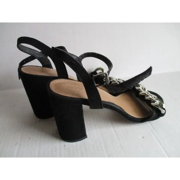 *ASOS Black Suede Sandal Ankle Strap Block 4&quot; Heel Chunky Silver Chain Accent