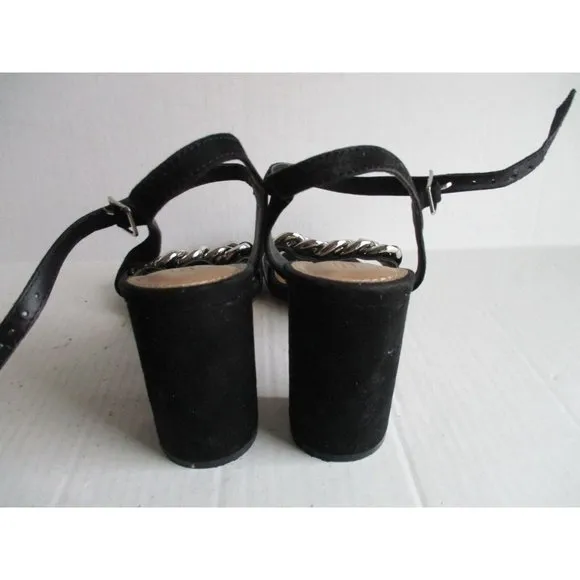 *ASOS Black Suede Sandal Ankle Strap Block 4&quot; Heel Chunky Silver Chain Accent