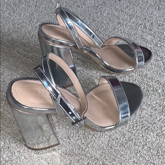 ASOS Hermione Silver Mirror Block Heel Sandals