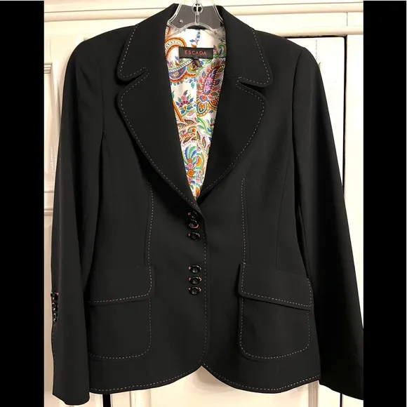 Authentic Escada Black Blazer contrasting Pino Stitching.  Size 36