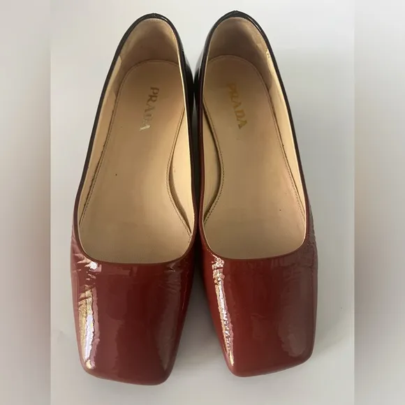 Authentic Prada Women’s Flat size 35.5 Patent Red &amp; Black With Box