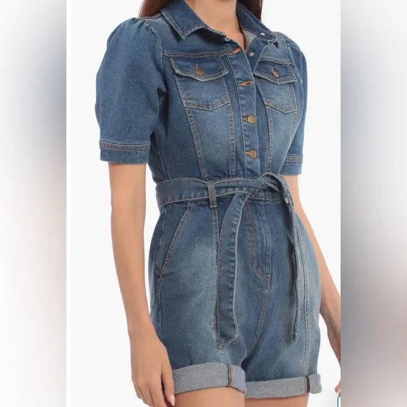 AVEC LES FILLES. Denim Romper. Puffed Sleeves. Button. Zipper. Front Tie. Small