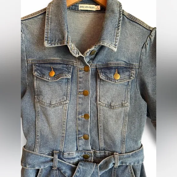 AVEC LES FILLES. Denim Romper. Puffed Sleeves. Button. Zipper. Front Tie. Small