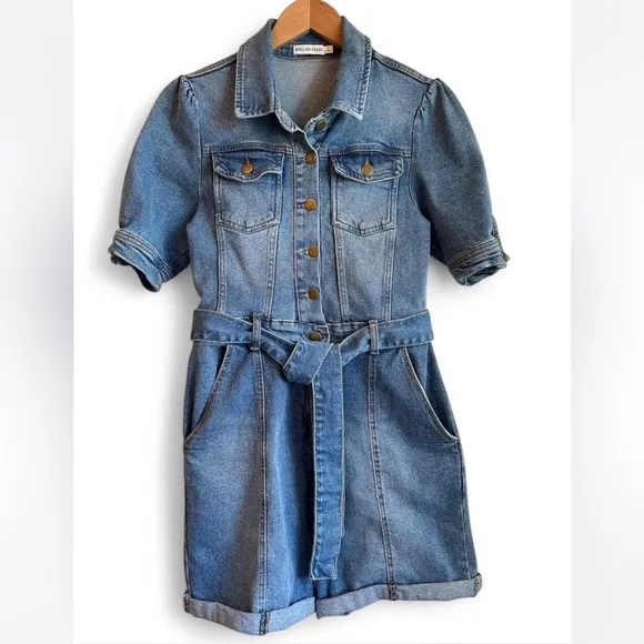 AVEC LES FILLES. Denim Romper. Puffed Sleeves. Button. Zipper. Front Tie. Small