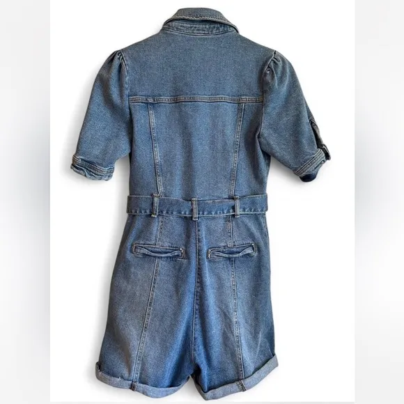 AVEC LES FILLES. Denim Romper. Puffed Sleeves. Button. Zipper. Front Tie. Small