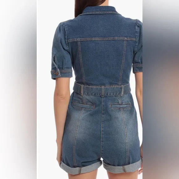 AVEC LES FILLES. Denim Romper. Puffed Sleeves. Button. Zipper. Front Tie. Small