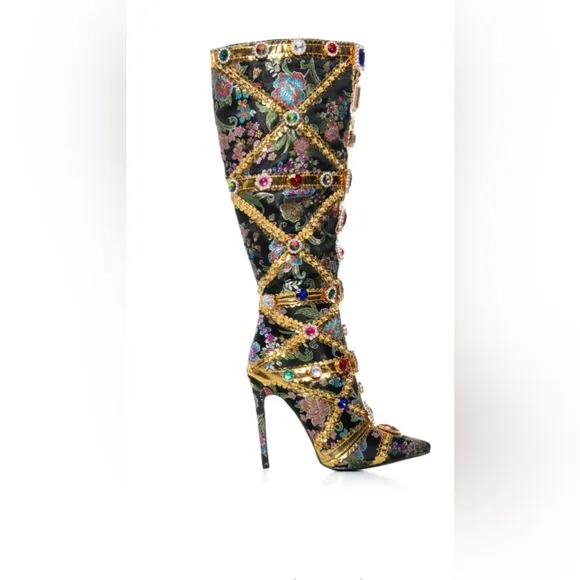 Azalea Wang Embellished Knee-High Boots with Gold and Jewel Accents