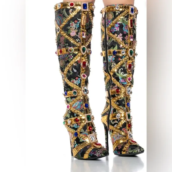 Azalea Wang Embellished Knee-High Boots with Gold and Jewel Accents