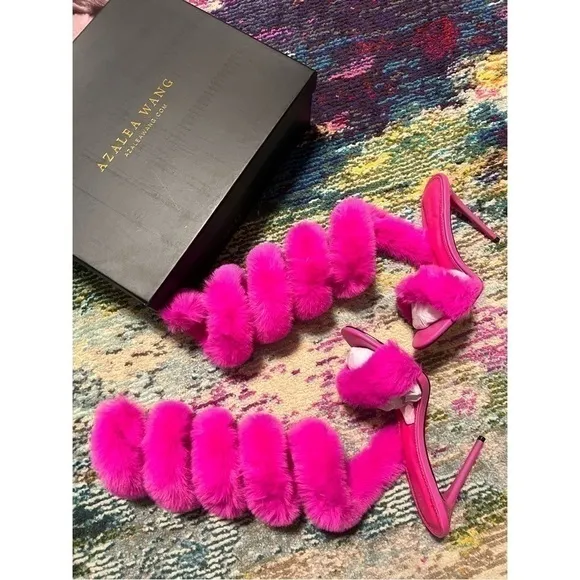 Azalea Wang Hot Pink Faux Fur Coil Wrap Stiletto Sandals Heels Size 7 Yaseen