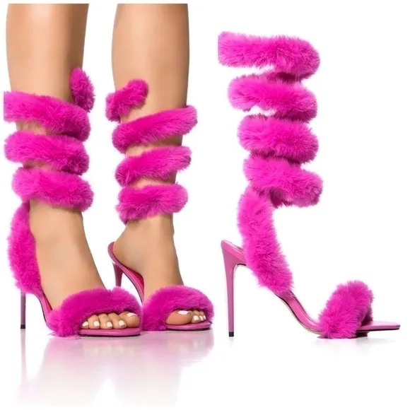 Azalea Wang Hot Pink Faux Fur Coil Wrap Stiletto Sandals Heels Size 7 Yaseen
