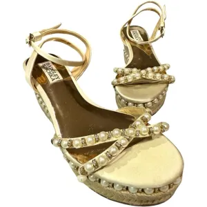 Badgley Mischka Ivory Ankle Strap Wedge Sandals Pearl Crystal Embellishments 6.5