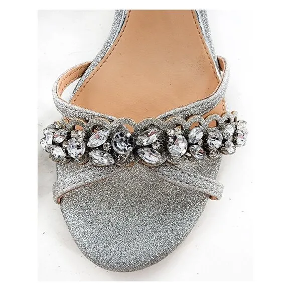 BADGLEY MISCHKA NWOB Giona Silver Glitter Rhinestone Ankle Strap Sandals NEW