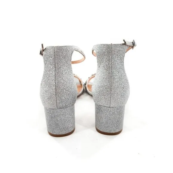 BADGLEY MISCHKA NWOB Giona Silver Glitter Rhinestone Ankle Strap Sandals NEW