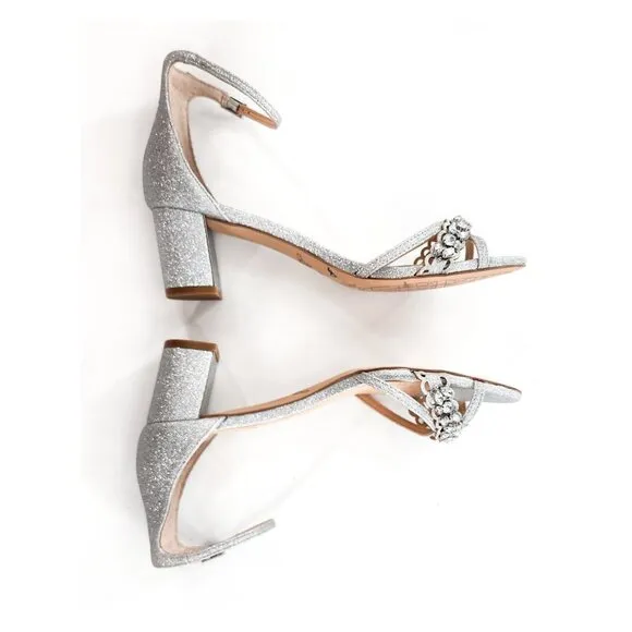 BADGLEY MISCHKA NWOB Giona Silver Glitter Rhinestone Ankle Strap Sandals NEW