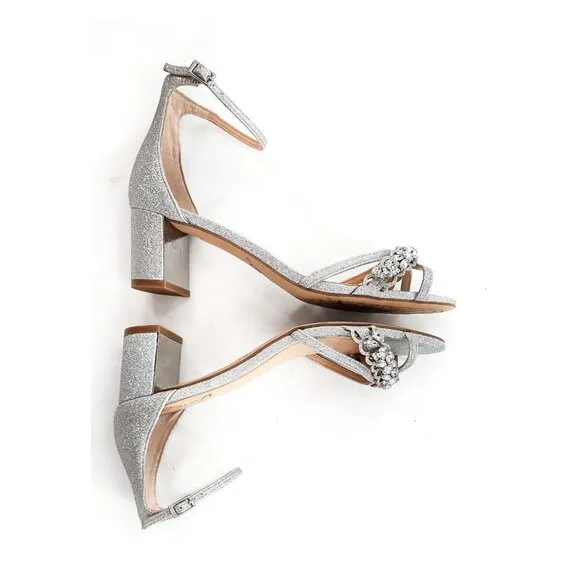BADGLEY MISCHKA NWOB Giona Silver Glitter Rhinestone Ankle Strap Sandals NEW