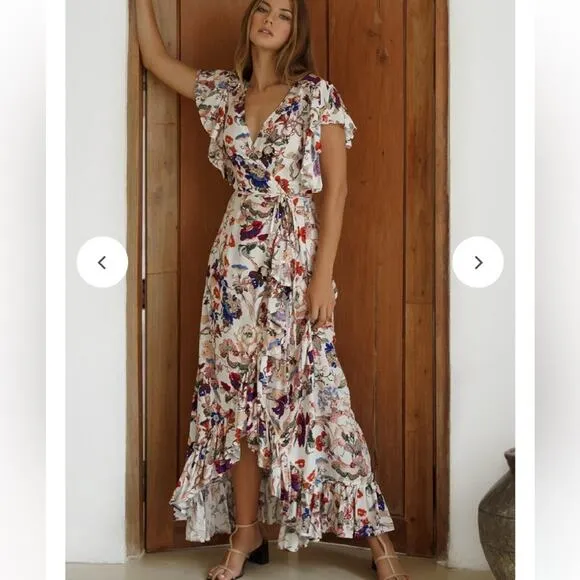 Bali ELF New Handmade Carmen Wrap Maxi Dress Large White Floral Ruffle Summer