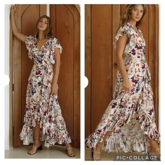 Bali ELF New Handmade Carmen Wrap Maxi Dress Large White Floral Ruffle Summer