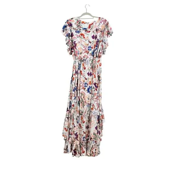 Bali ELF New Handmade Carmen Wrap Maxi Dress Large White Floral Ruffle Summer