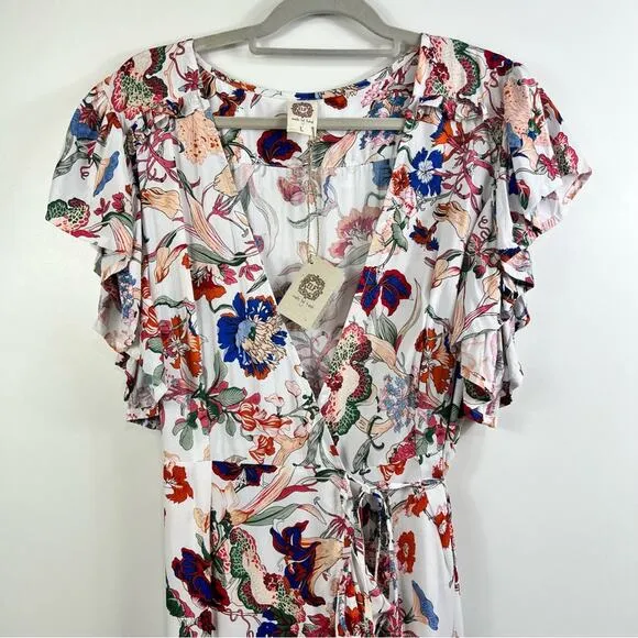 Bali ELF New Handmade Carmen Wrap Maxi Dress Large White Floral Ruffle Summer