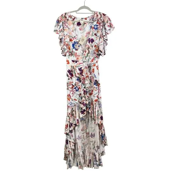 Bali ELF New Handmade Carmen Wrap Maxi Dress Large White Floral Ruffle Summer