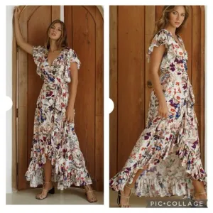 Bali ELF New Handmade Carmen Wrap Maxi Dress Large White Floral Ruffle Summer