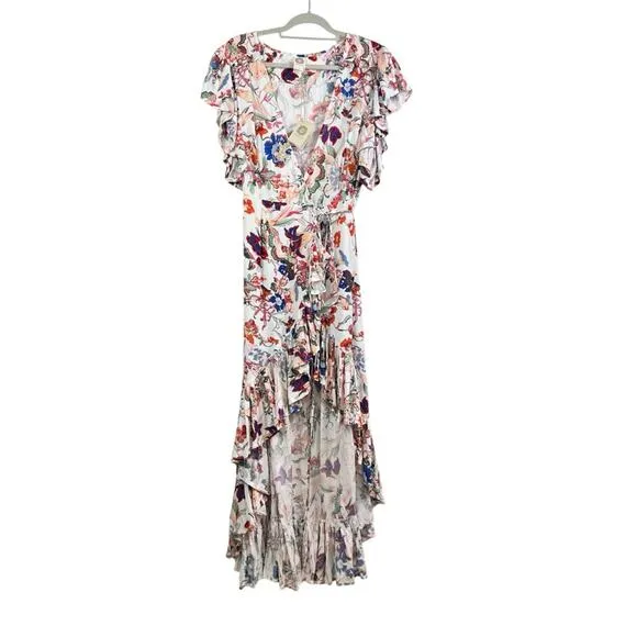 Bali ELF New Handmade Carmen Wrap Maxi Dress Large White Floral Ruffle Summer