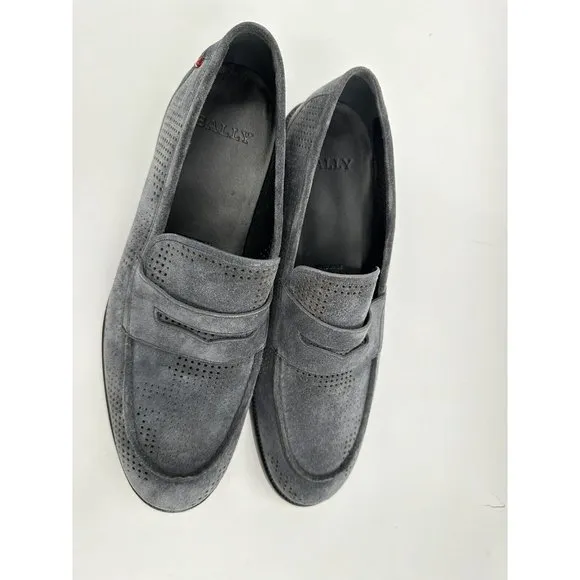 Bally Smoke Gray Blake Flex Perforated Suede Loafers Size 11