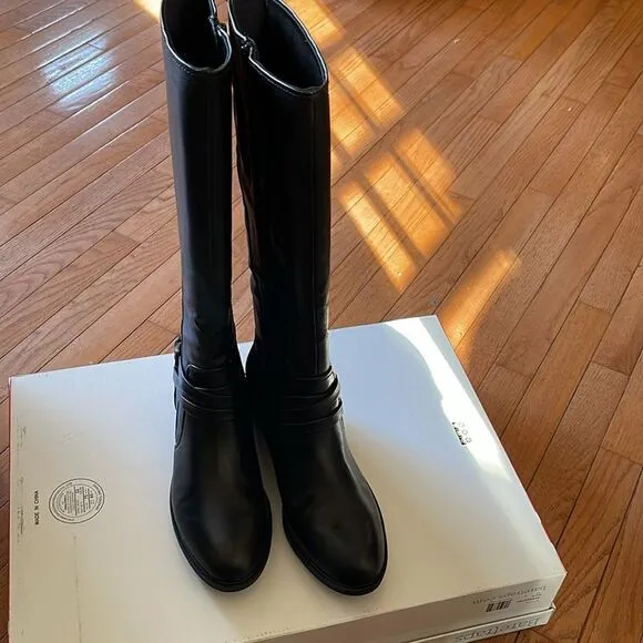 Baretraps Stratford Black Leather Wide Calf Knee-High Riding  Boots