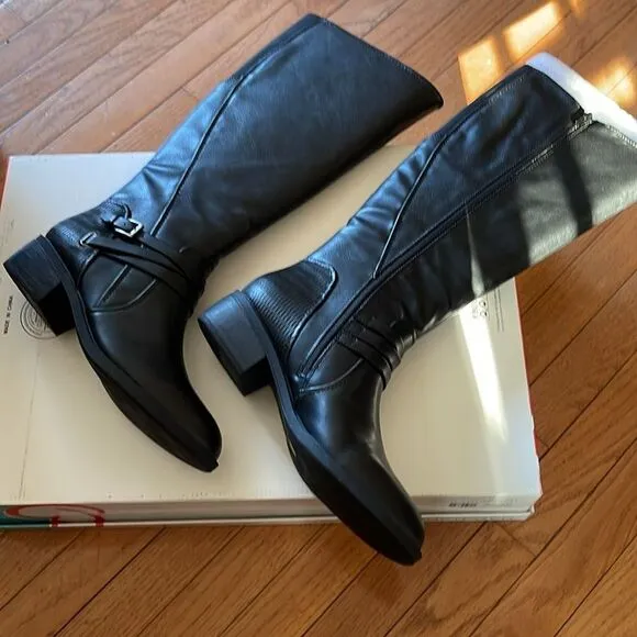 Baretraps Stratford Black Leather Wide Calf Knee-High Riding  Boots