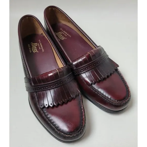 Bass Mens Cordovan Tone  Burgundy Leather Kiltie Loafers USA 8.5 D