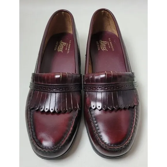 Bass Mens Cordovan Tone  Burgundy Leather Kiltie Loafers USA 8.5 D