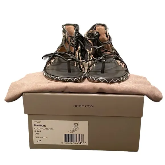 BCBGMAXAZRIA | Women’s Black Ma-Maye Leather Flat Ankle Wrap Sandals Size 7