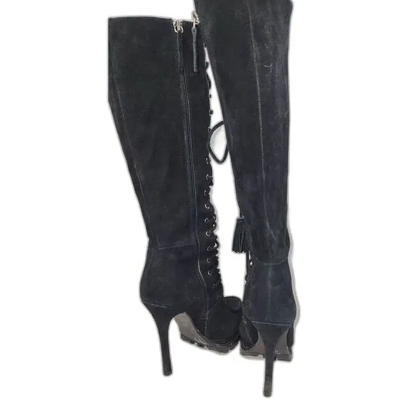 Bebe Black Suede Knee High Lace Up Boots 5&quot; Heel Size 7M
