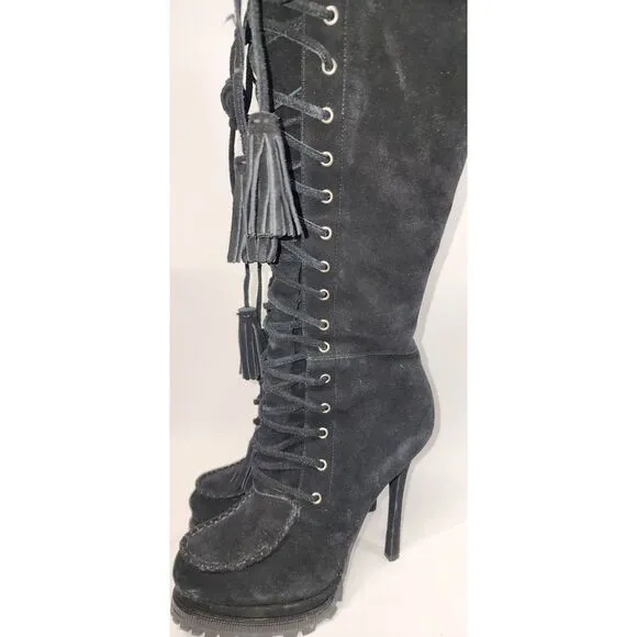 Bebe Black Suede Knee High Lace Up Boots 5&quot; Heel Size 7M