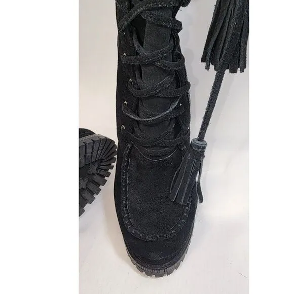 Bebe Black Suede Knee High Lace Up Boots 5&quot; Heel Size 7M