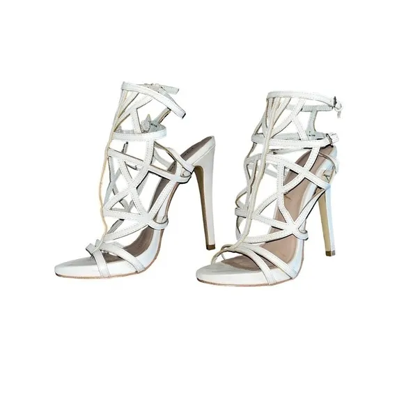 BEBE GABRIELA CAGED GLADIATOR WHITE HEELS  SANDALS SIZE 7
