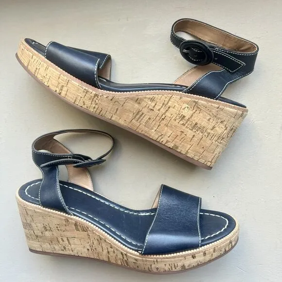 Bernardo Anthropologie Navy Blue Leather Cork Wedge Sandals Ankle Strap Women 9